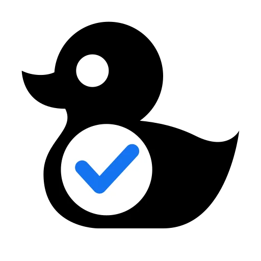 The quaxed logo: a black rubber duck, quax's, with a white badge on its body carrying a blue tick.